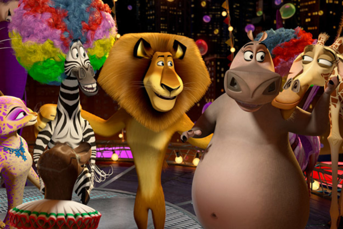 a picture of the main characters from Madagascar 3 giving each other side hugs